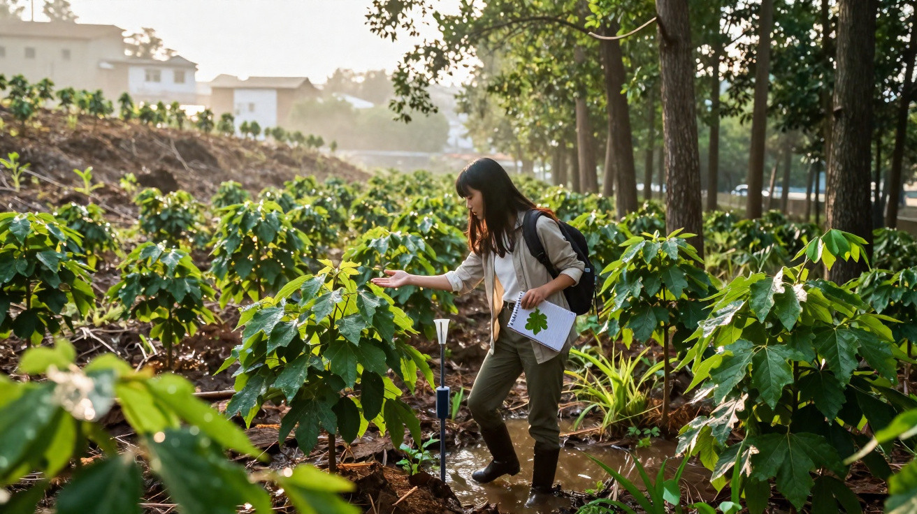 Mulher analisando plantas numa plantação, segurando uma folha e um caderno, rodeada de vegetação verde.