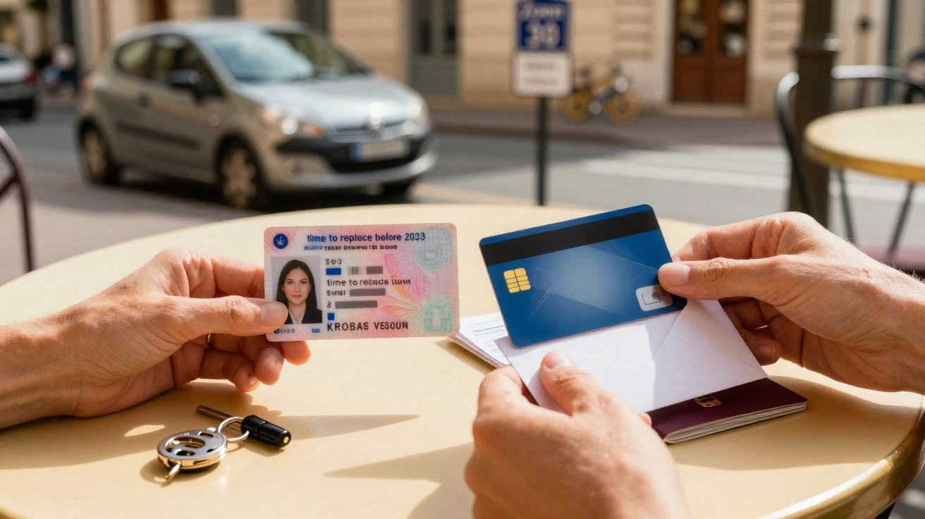 Duas pessoas trocam uma carta de condução e um cartão bancário numa mesa redonda ao ar livre.