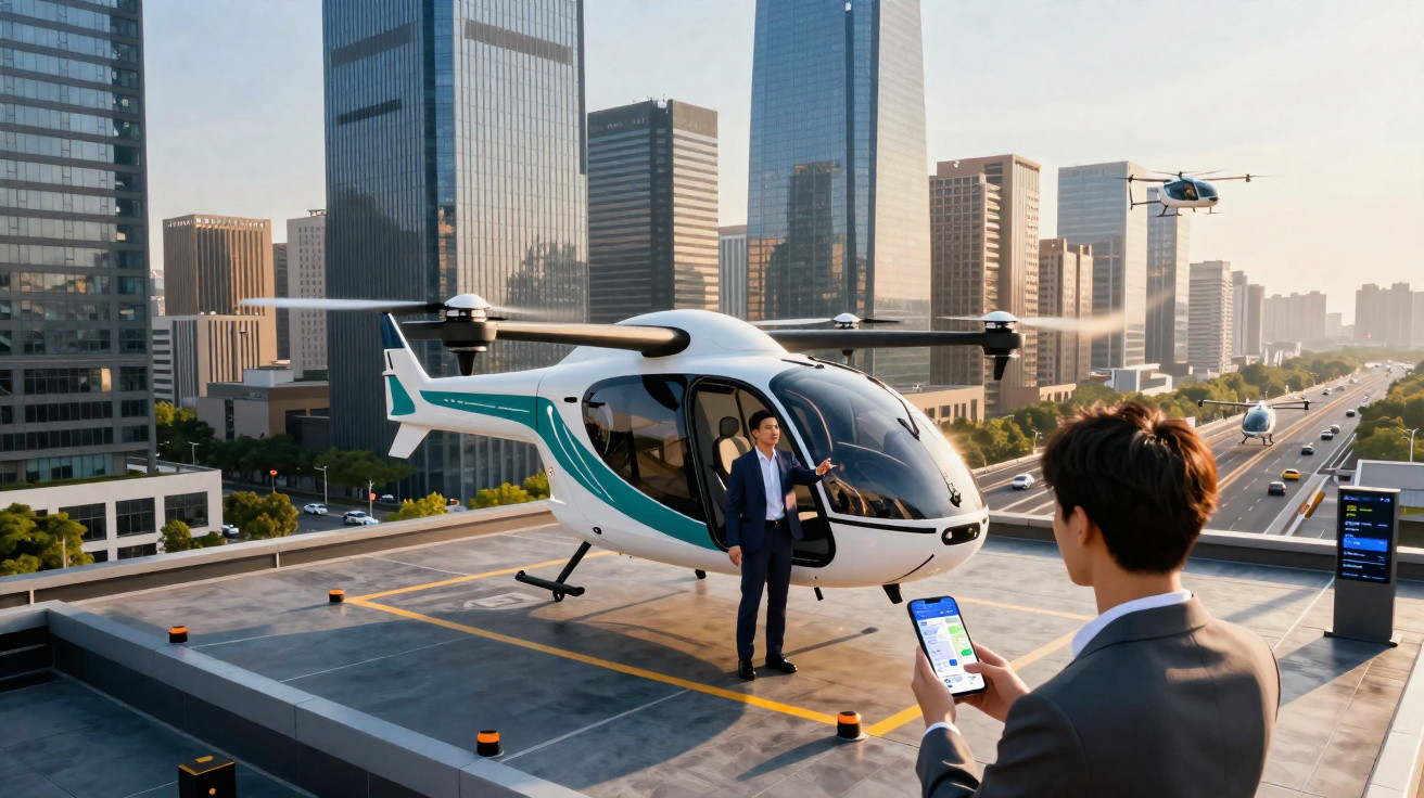 Helicóptero elétrico num heliponto urbano com dois homens em fato, um deles a usar smartphone.