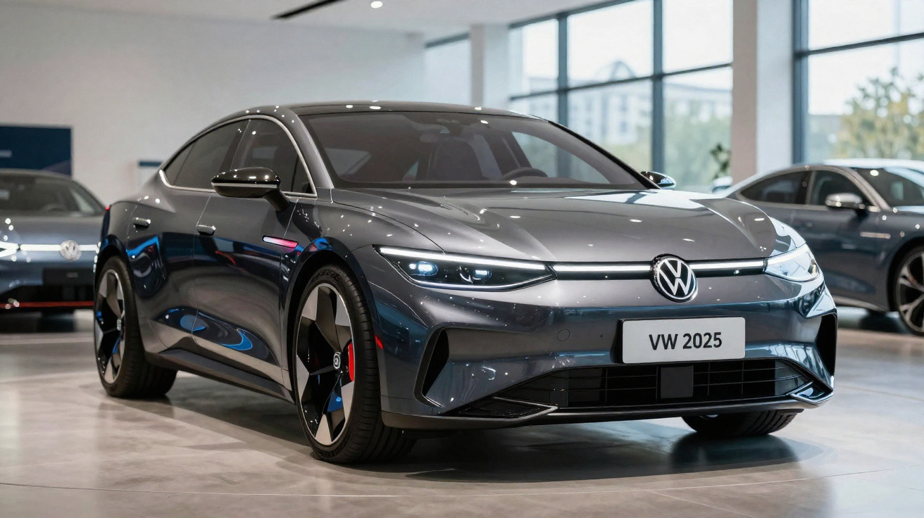 Carro elétrico Volkswagen cinza escuro modelo VW 2025 exibido numa sala de exposição moderna.