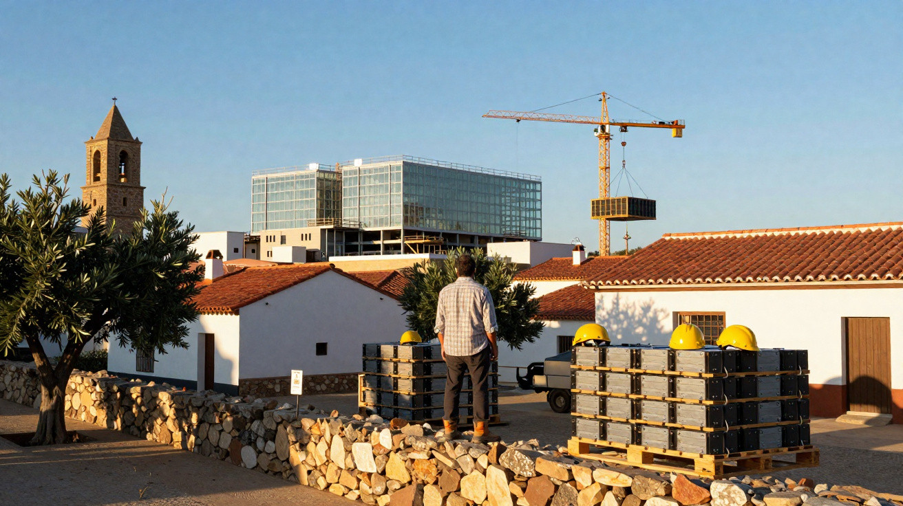 Homem observa construção com guindaste atrás de casas brancas com telhados vermelhos em dia de sol.