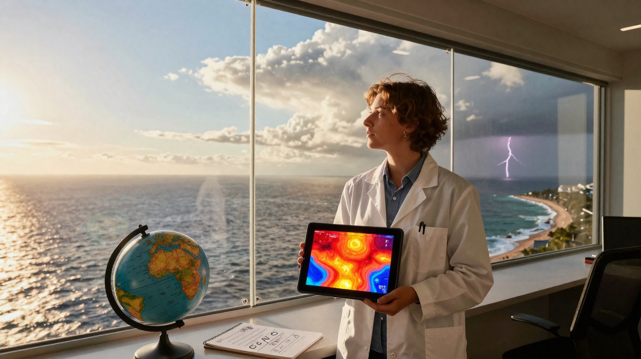 Cientista com bata branca segura tablet com mapa térmico, com vista para o mar e relâmpago ao fundo.