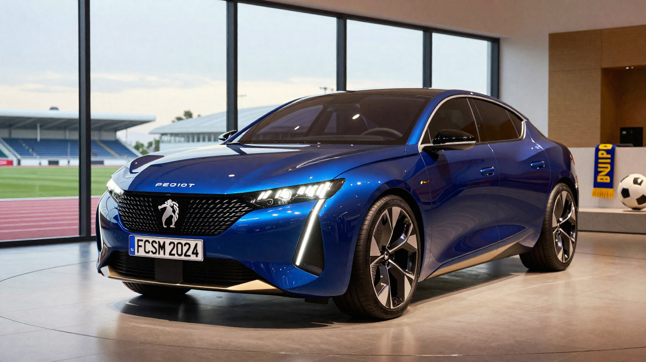 Carro desportivo elétrico azul Peugeot com design moderno exposto em espaço interior com janela grande.