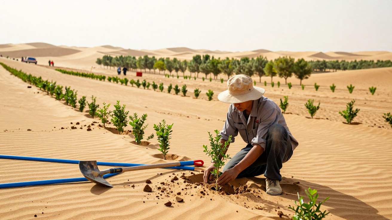 Homem a plantar árvores no deserto para recuperação ambiental com ferramentas na areia.