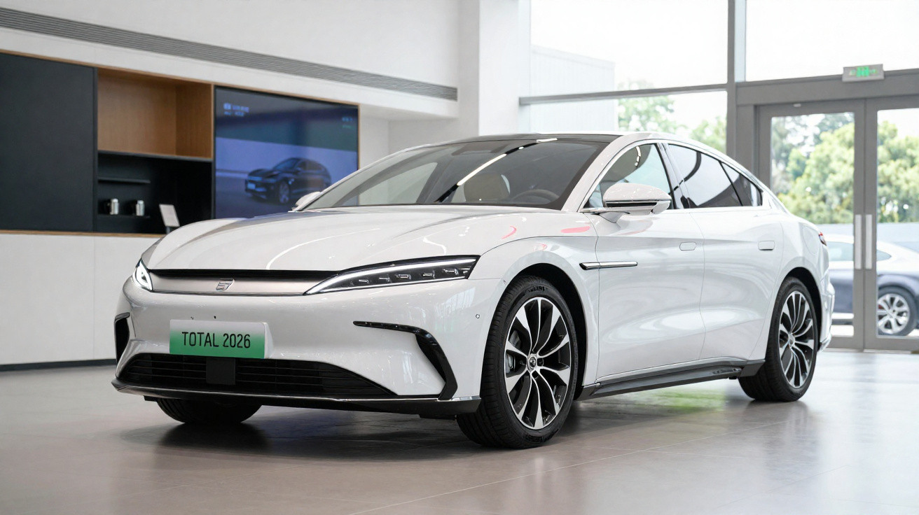 Carro elétrico branco apresentado numa exposição moderna com iluminação natural e janelas de vidro amplas.