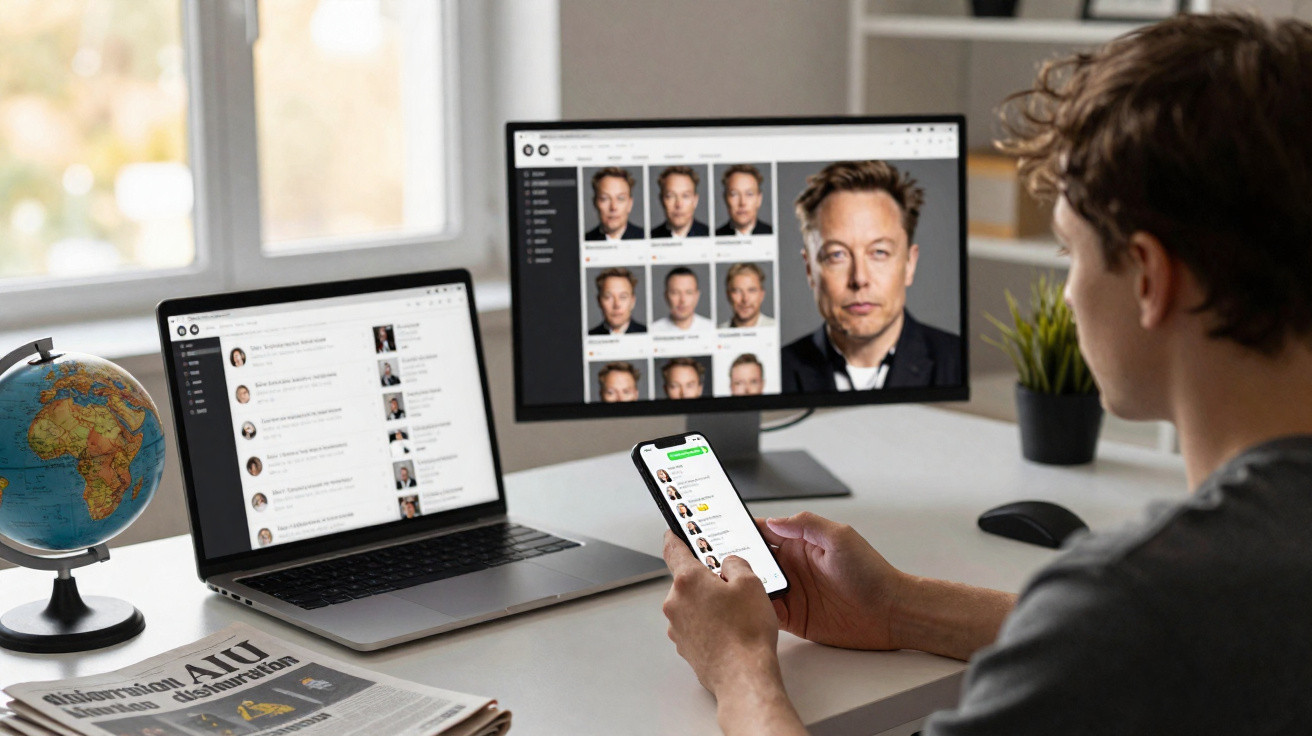 Pessoa a usar telemóvel com laptops e um ecrã com várias fotos no ambiente de escritório moderno.