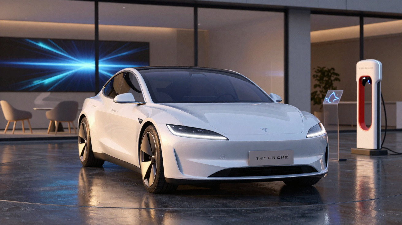 Carro elétrico Tesla branco estacionado à frente de carregador numa garagem moderna.