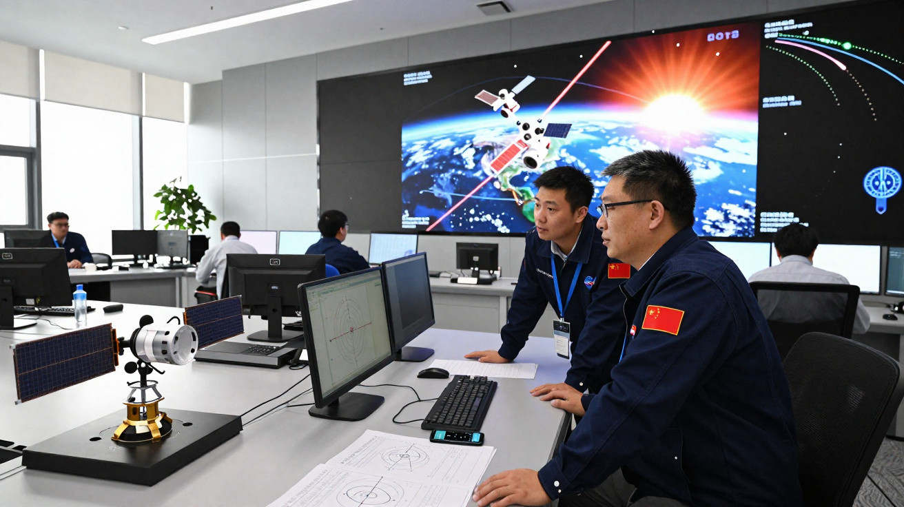 Sala de controlo com técnicos chineses a monitorizar dados de satélites espaciais em ecrãs digitais.