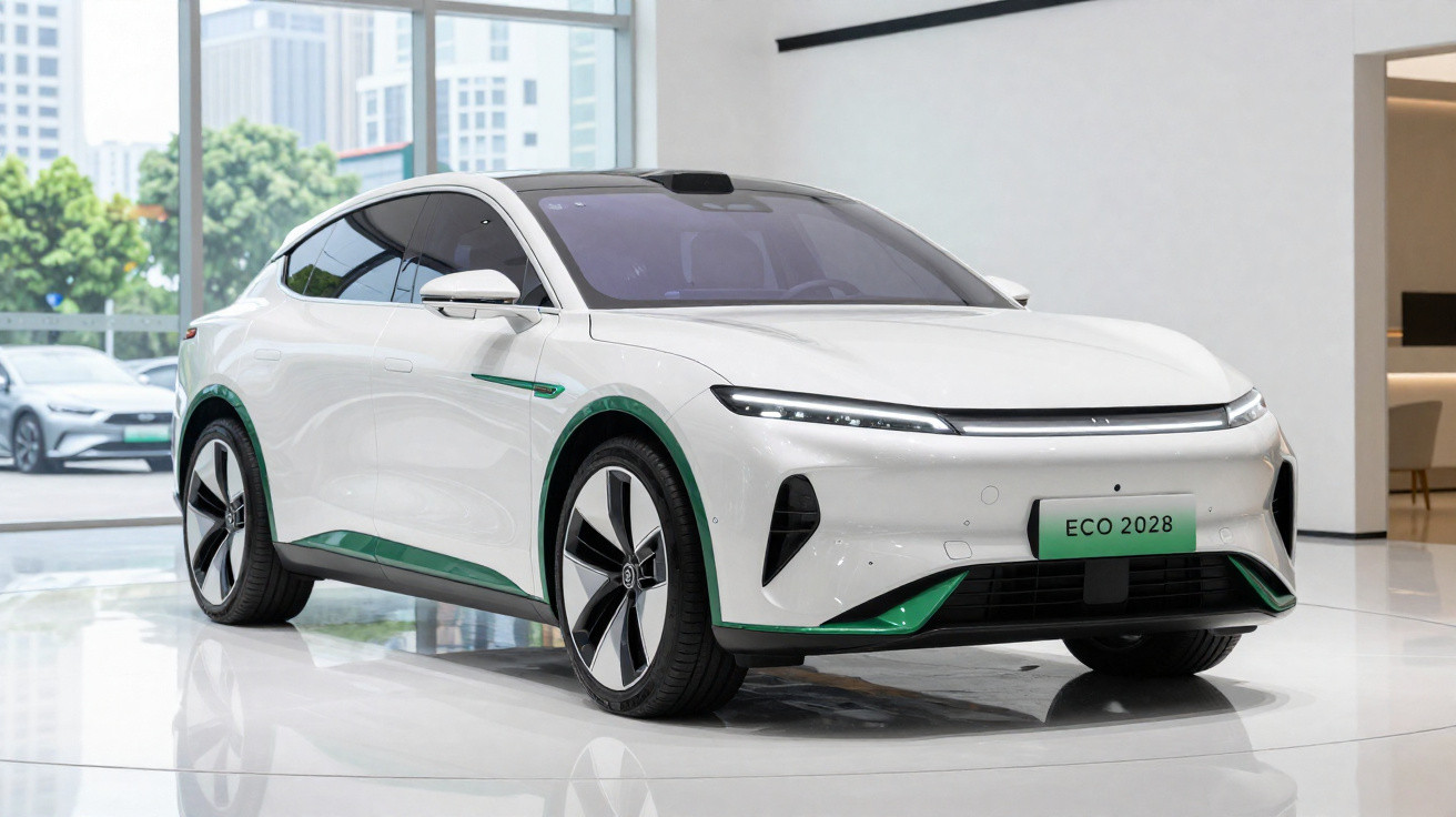 Carro elétrico branco moderno apresentado em showroom com detalhes verdes e luzes LED finas na frente.