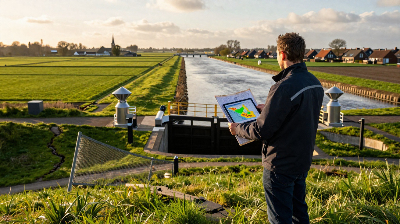 Homem a observar um canal com campos verdes e casas ao fundo, segurando um mapa colorido.