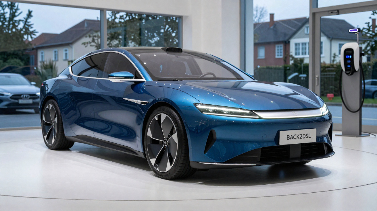 Carro elétrico desportivo azul exposto num showroom moderno com painéis de vidro e posto de carregamento.