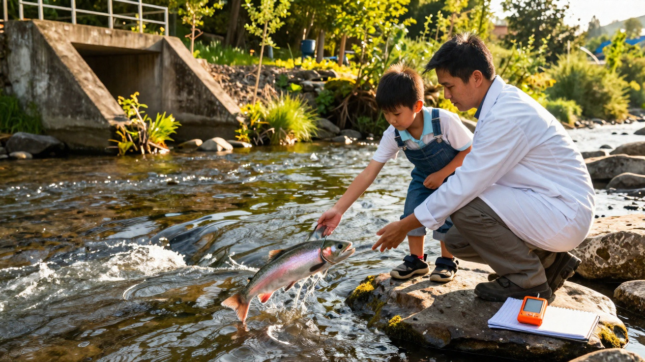 Criança e adulto tocam num salmão que salta num rio, rodeados de pedras e vegetação ao pôr do sol.