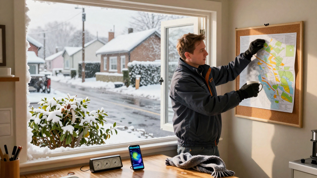 Homem com roupa de inverno observa mapa numa parede enquanto segura uma chávena, próximo a uma janela aberta com neve lá fora