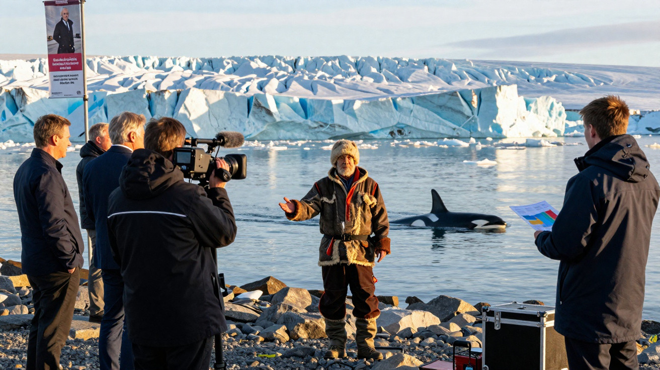 Grupo de pessoas filmando homem junto a orca no mar gelado com icebergues ao fundo.