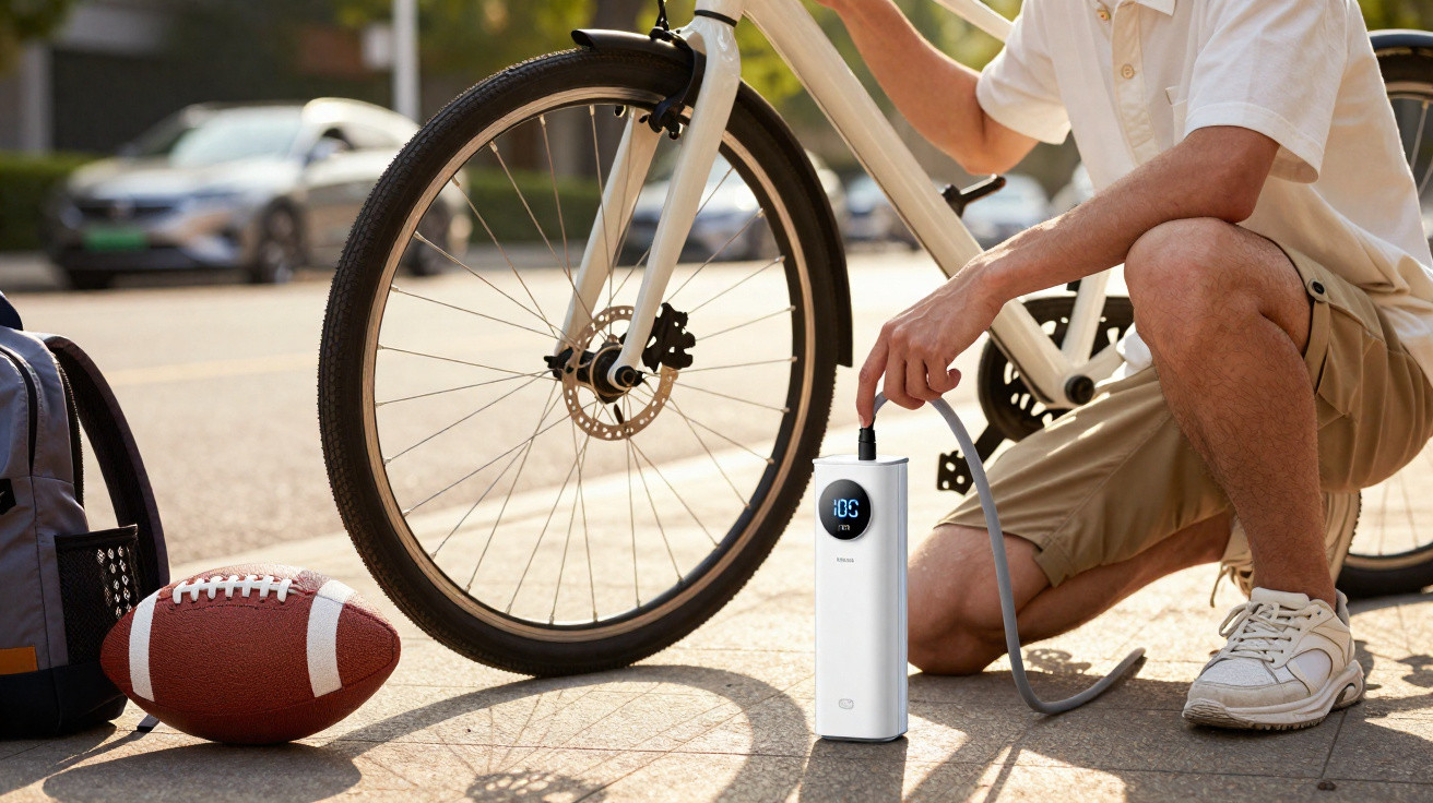 Pessoa a encher a roda da bicicleta com um compressor de ar portátil branco num passeio urbano.