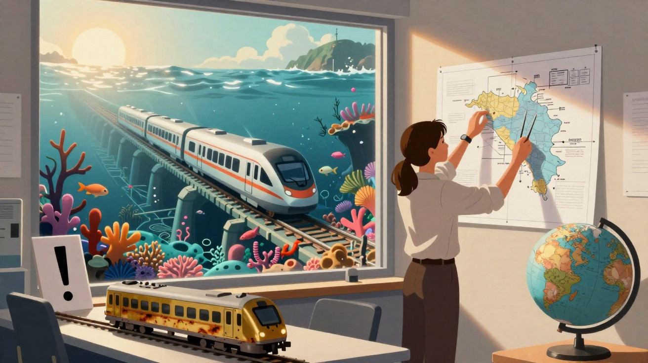 Mulher analisa mapa num escritório com globo, comboio em miniatura e janela com comboio a atravessar o mar.