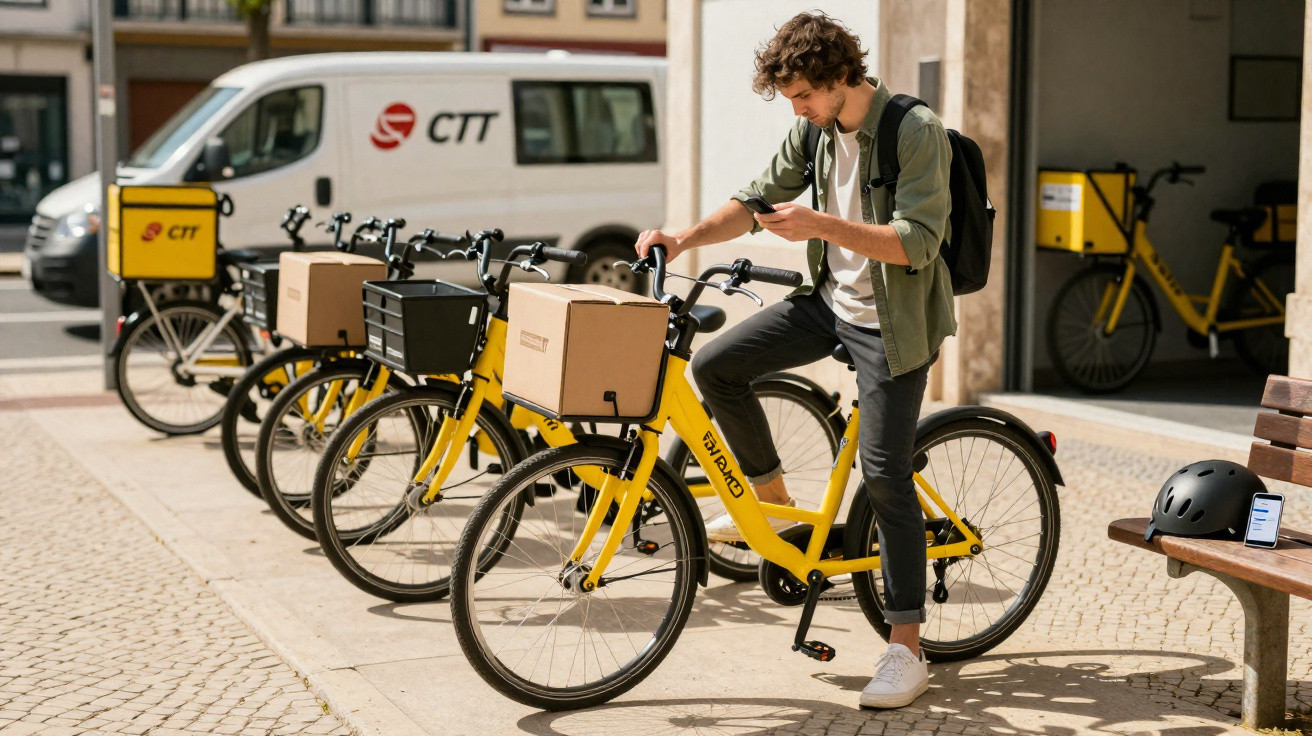 Jovem com mochila prepara-se para entregar encomenda numa bicicleta amarela de entrega dos CTT na rua.