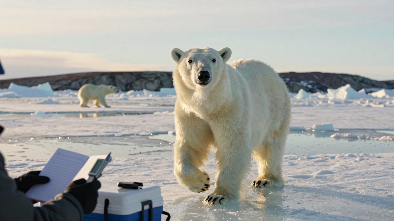 Urso polar caminhando no gelo próximo a uma pessoa que segura um bloco de notas e telemóvel.