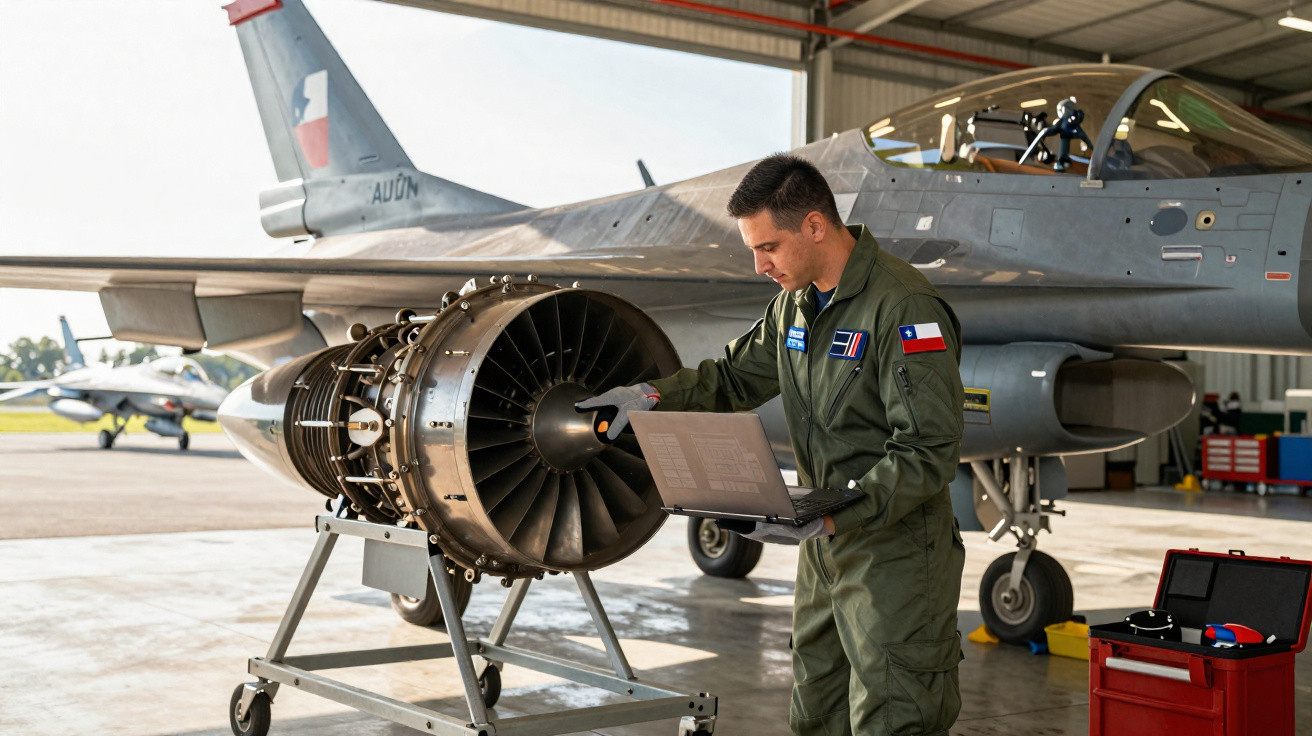 Técnico militar em fato verde inspeciona motor de jato numa garagem de aviões com portátil na mão.