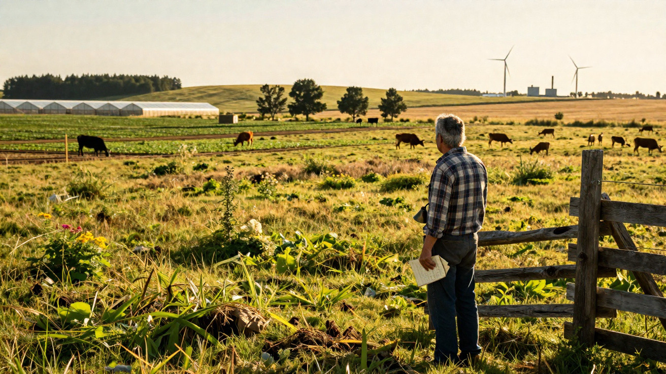 Agricultor de camisa aos quadrados observa pastagem com vacas e turbinas eólicas ao fundo, ao pôr do sol.
