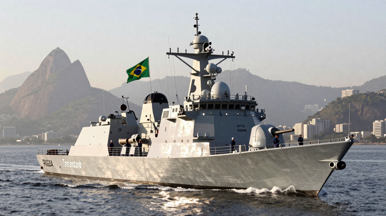 Navio de guerra brasileiro a navegar com a bandeira do Brasil e montanhas ao fundo no Rio de Janeiro.