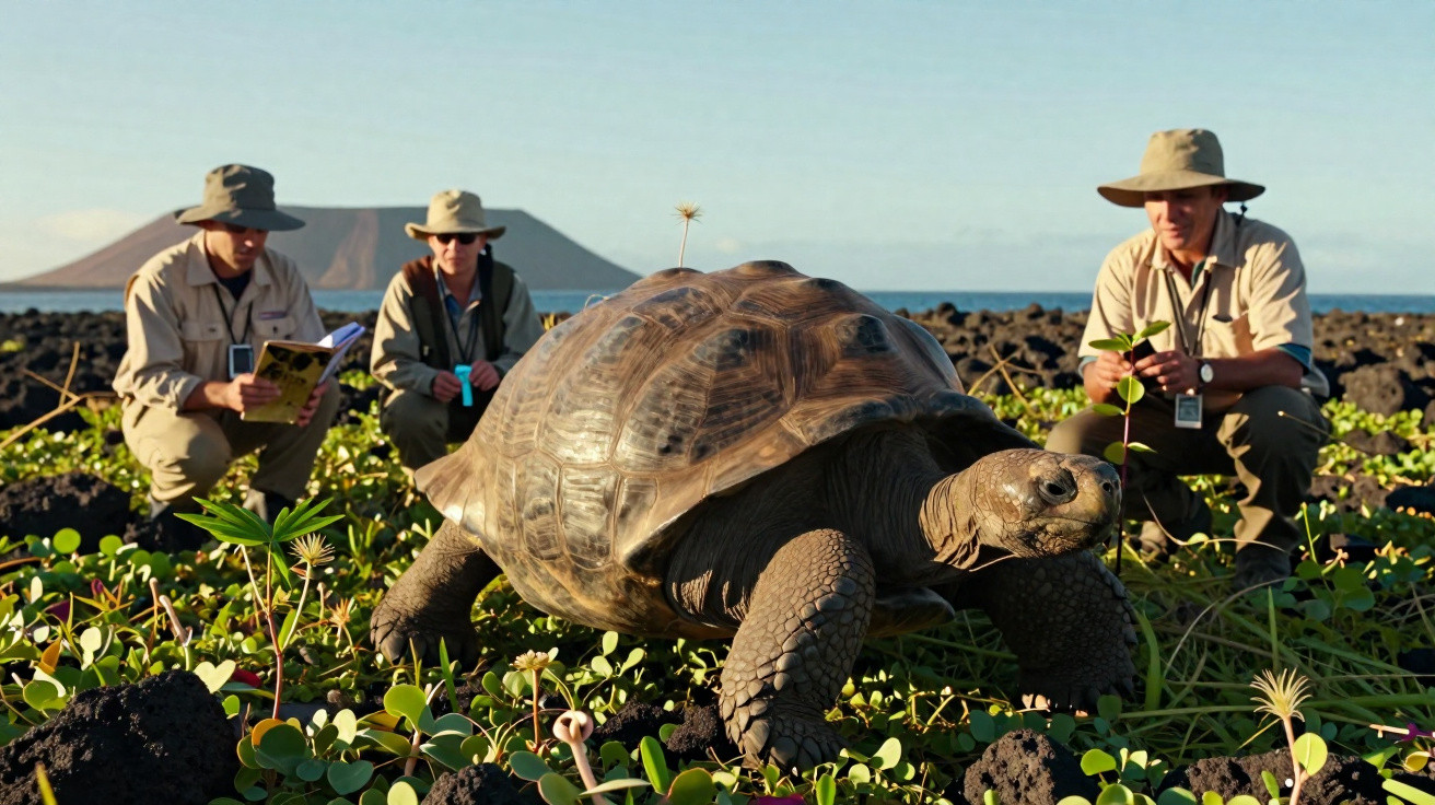 Tartaruga gigante em vegetação costeira com três investigadores a observar e anotar em fundo vulcânico.