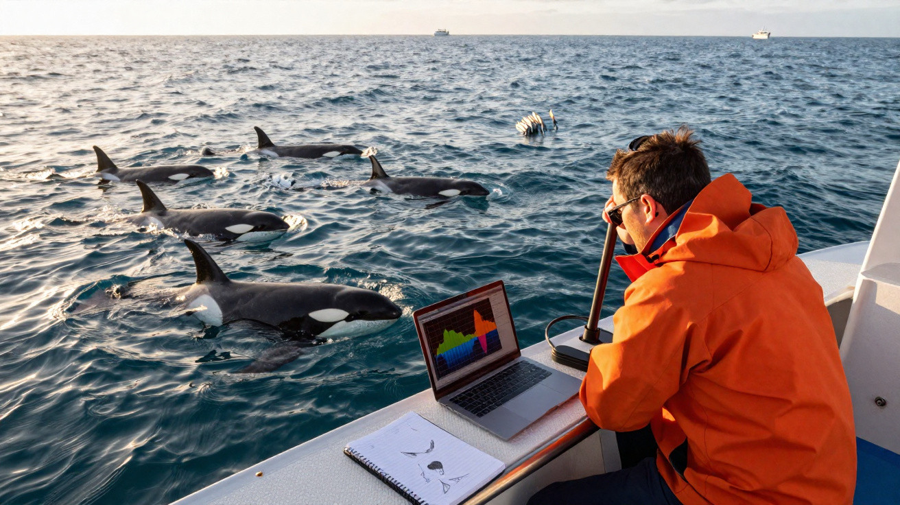 Homem sentado num barco observa um grupo de orcas nadando perto da embarcação ao amanhecer.