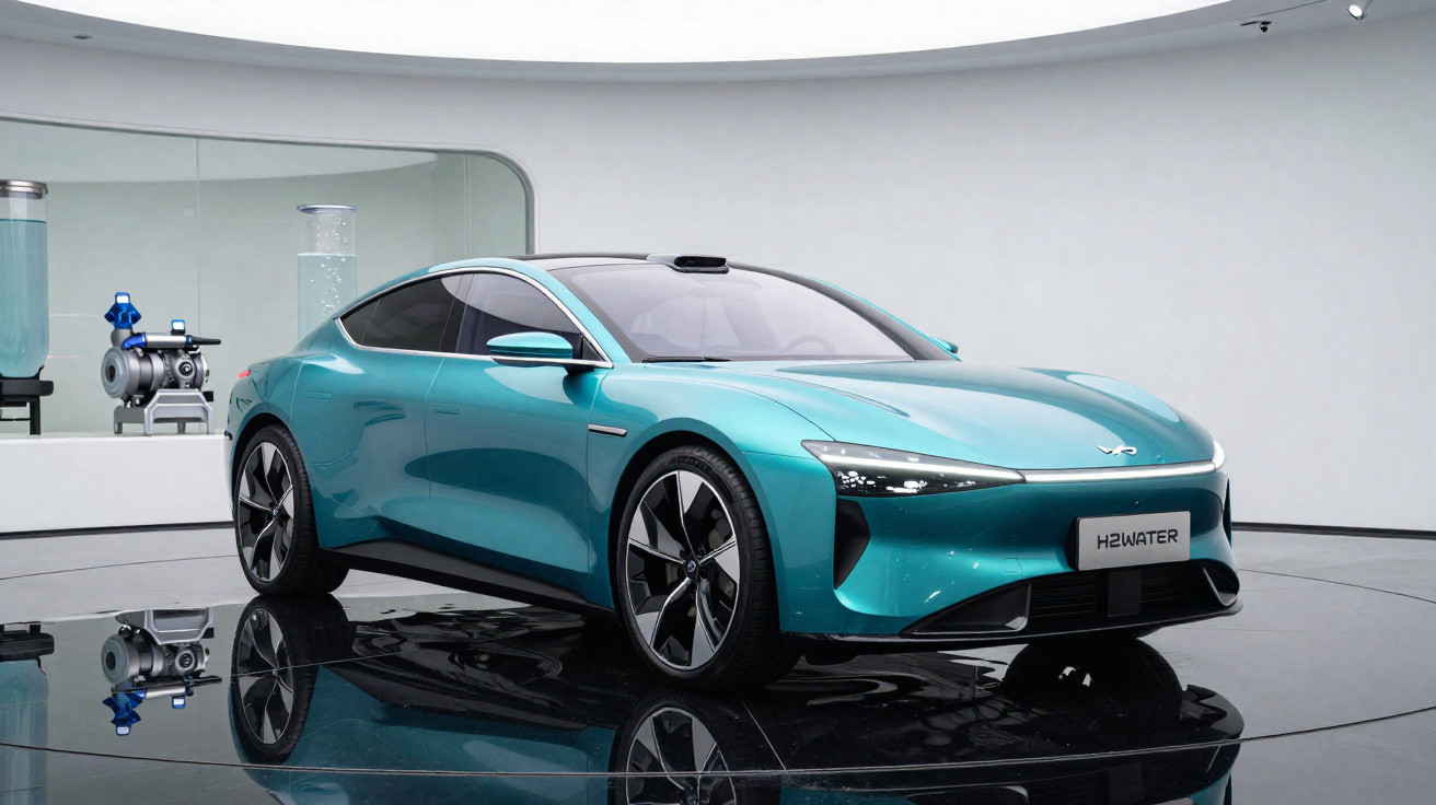 Carro elétrico azul futurista exposto em ambiente moderno e minimalista, com reflexo no chão preto brilhante.
