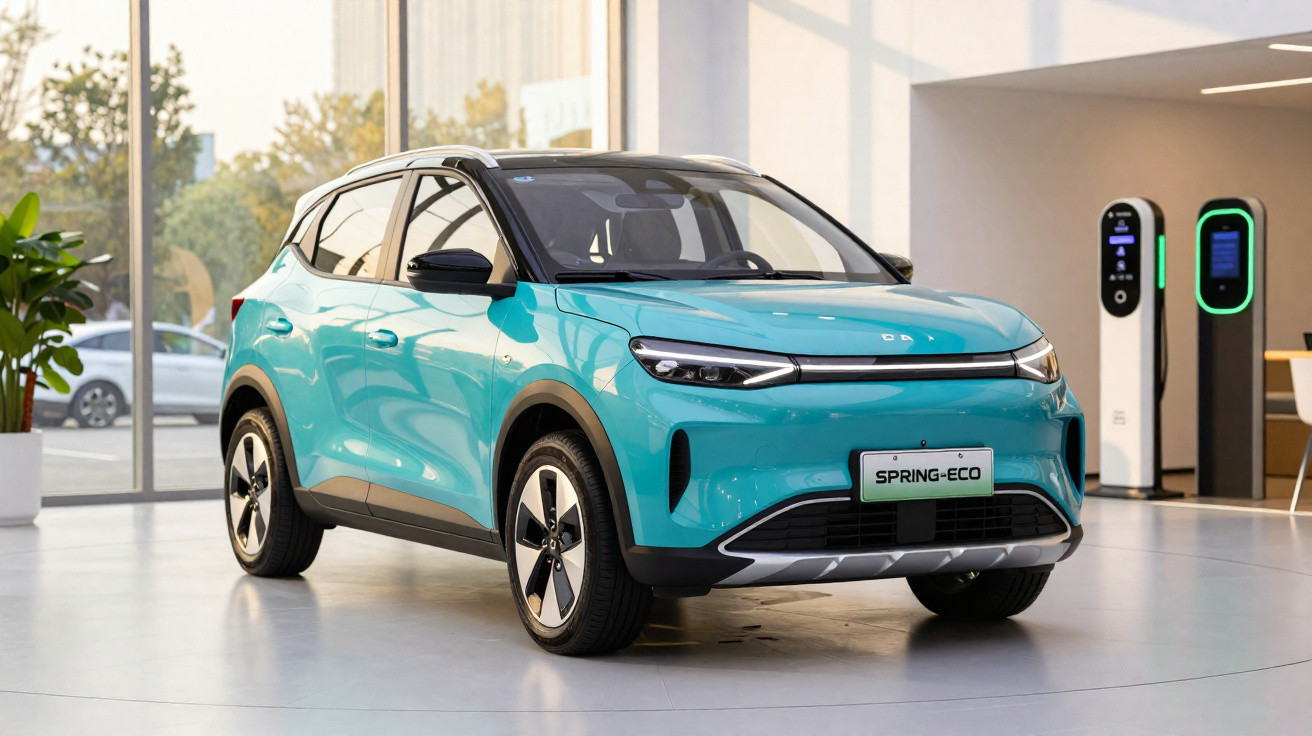 Carro elétrico azul turquesa modelo Spring-Eco exposto em salão com carregadores elétricos ao fundo.