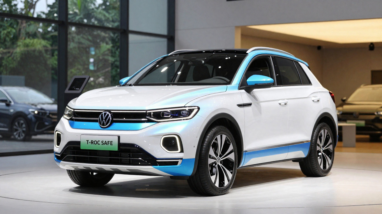 Carro Volkswagen T-Roc Safe branco e azul em exposição numa sala moderna com janelas grandes.