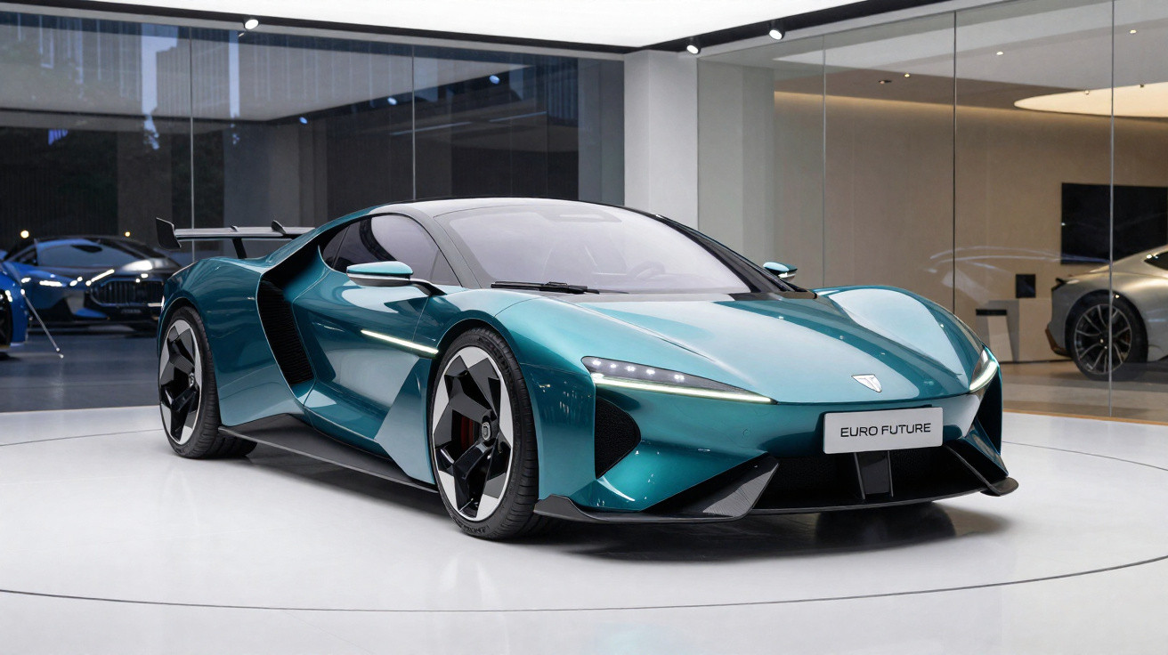 Carro desportivo elétrico azul metálico com design futurista exposto numa sala moderna.