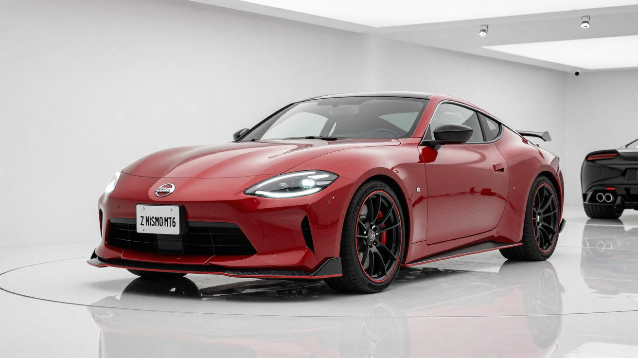 Carro desportivo vermelho Nissan Z Nismo T6 mostrado em estúdio com fundo branco e outro carro ao fundo.