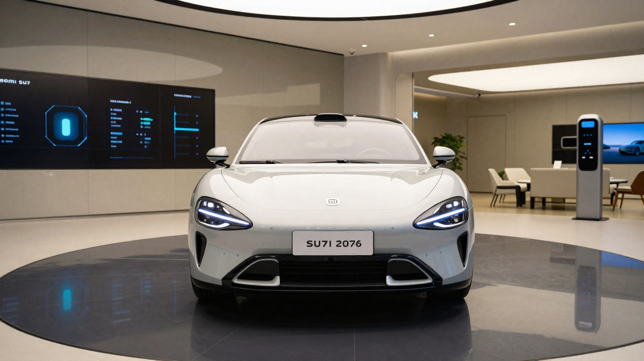 Carro elétrico branco futurista estacionado em ambiente moderno e iluminação suave.