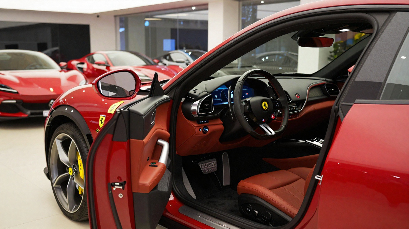 Interior de Ferrari vermelho com porta aberta, mostrando volante e assentos em couro castanho.