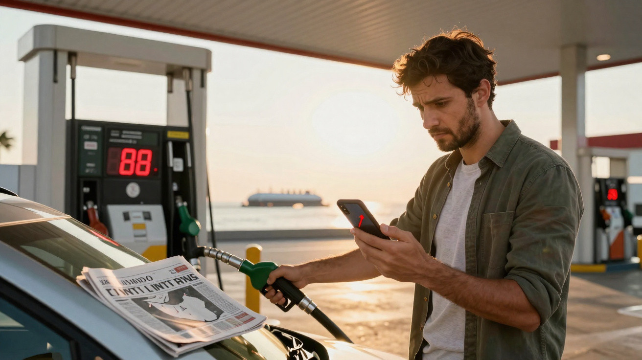 Homem abastece carro num posto de combustível junto ao mar ao pôr do sol, olhando para smartphone.