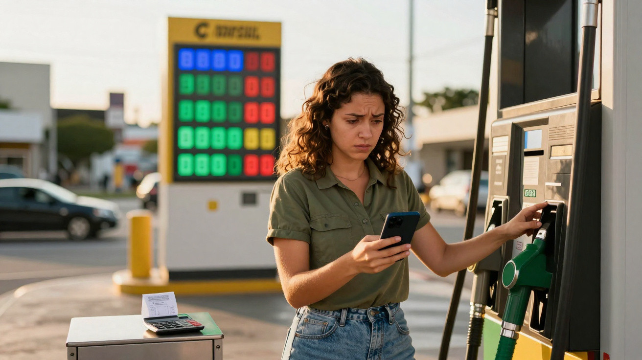 Mulher com expressão preocupada usa telemóvel enquanto abastece carro numa bomba de gasolina.