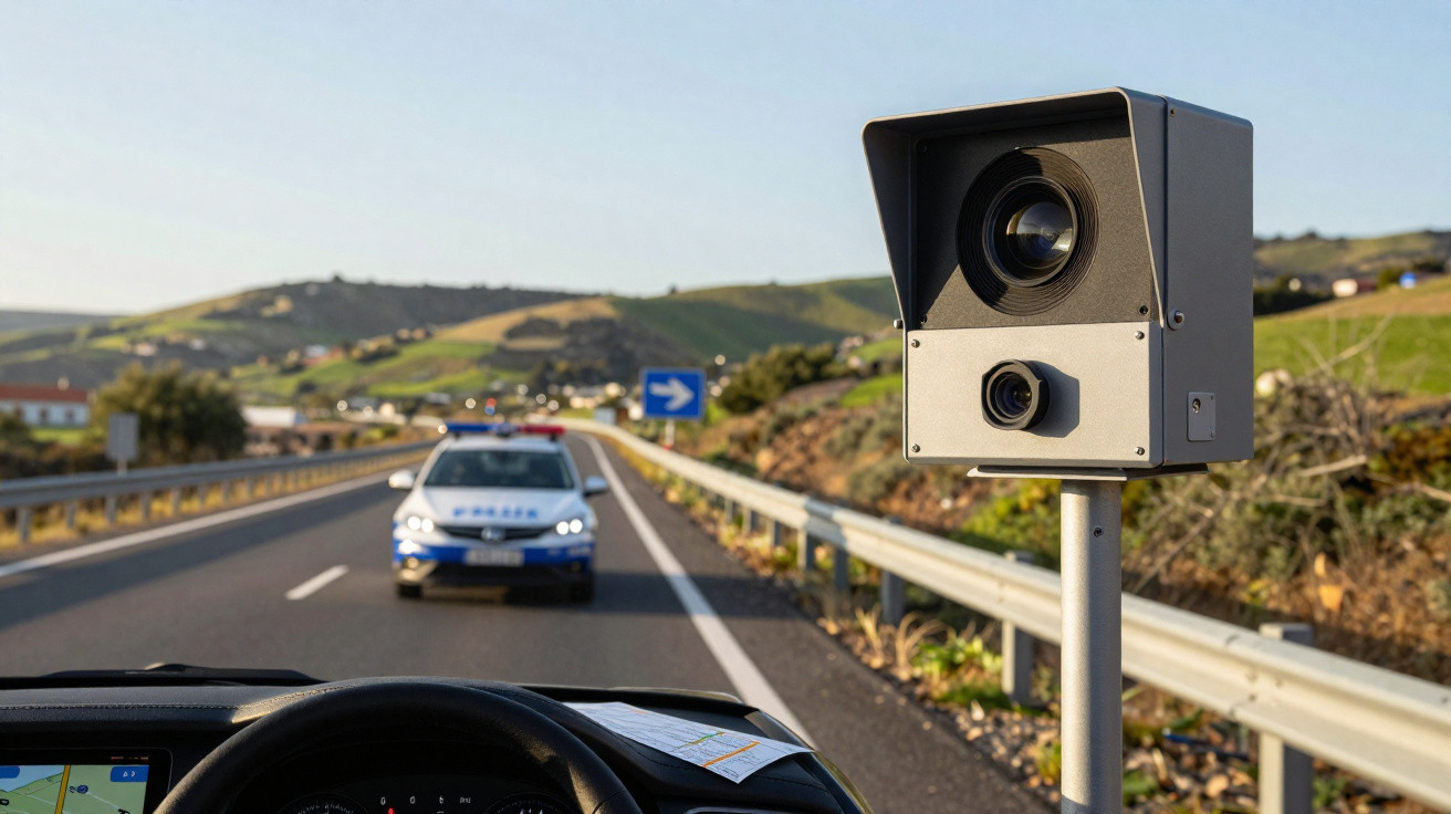 Câmara de velocidade na berma da estrada com carro da polícia a seguir, vista do interior de um veículo.