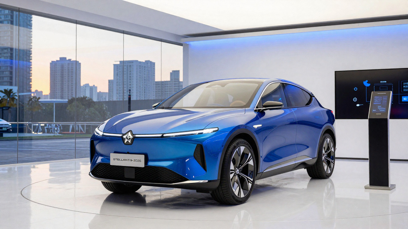 Carro elétrico Stellantis 2026 azul exposto numa sala moderna com grandes janelas e vista urbana ao fundo.