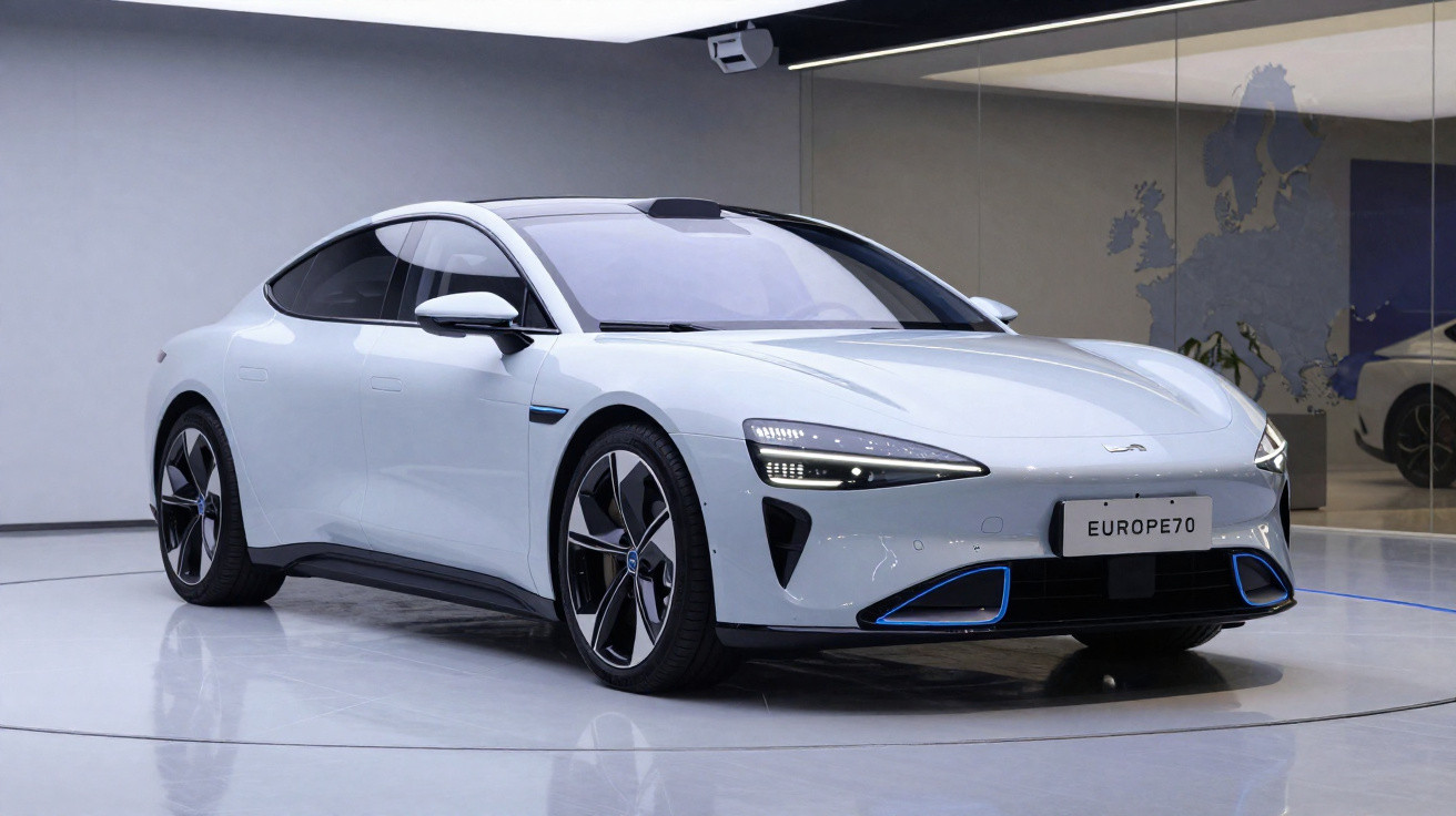 Carro desportivo elétrico branco estacionado em sala de exposição moderna com chão branco e iluminação suave.