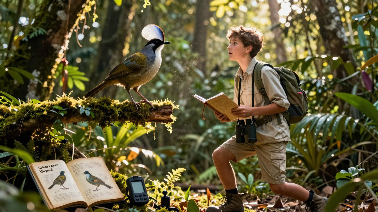 Jovem observador de pássaros na floresta, com livro e binóculos, a admirar um pássaro raro numa árvore.
