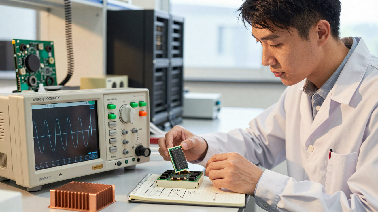 Engenheiro eletrónico em laboratório a testar circuito com osciloscópio e componentes eletrónicos.