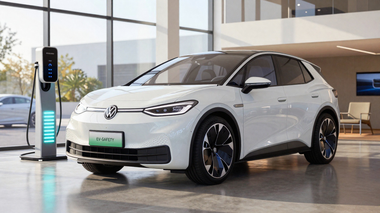Carro elétrico branco Volkswagen estacionado junto a um posto de carregamento numa garagem moderna.