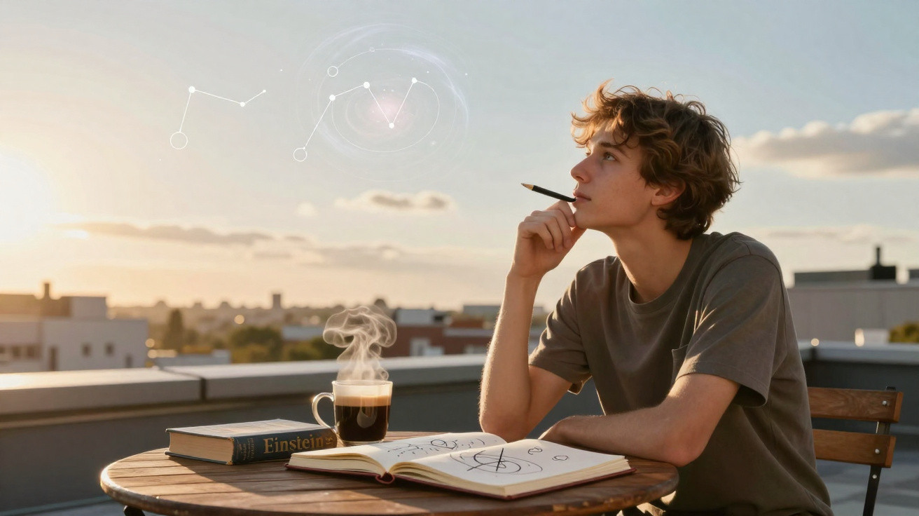 Jovem a pensar no céu ao pôr do sol com caderno e livro na mesa, cidade ao fundo.