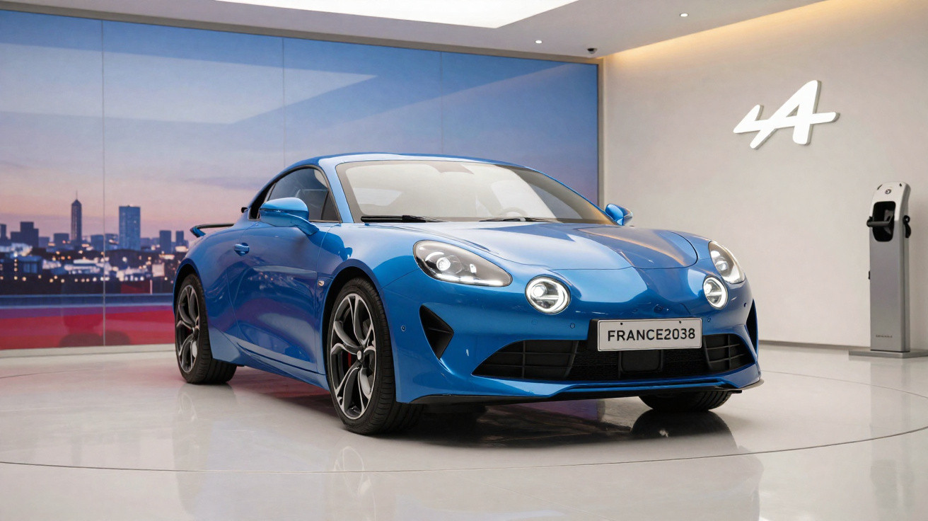 Carro desportivo azul da marca Alpine exposto em ambiente moderno com parede iluminada e carregador elétrico.