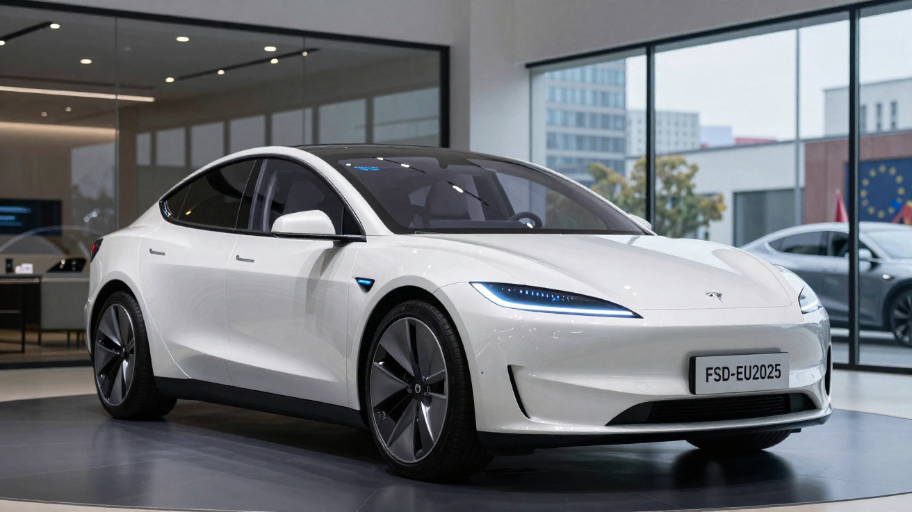 Carro elétrico branco Tesla Model S exposto num showroom moderno com iluminação suave.