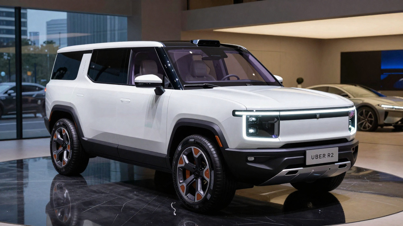 Carro SUV elétrico branco moderno Uber R2 estacionado em interior com destaque para faróis LED e rodas robustas.