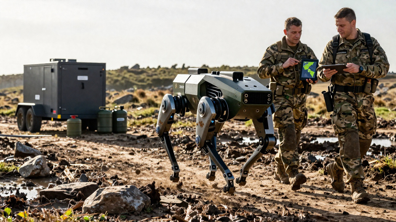 Dois soldados com equipamento militar e um robô quadrúpede percorrendo terreno acidentado.