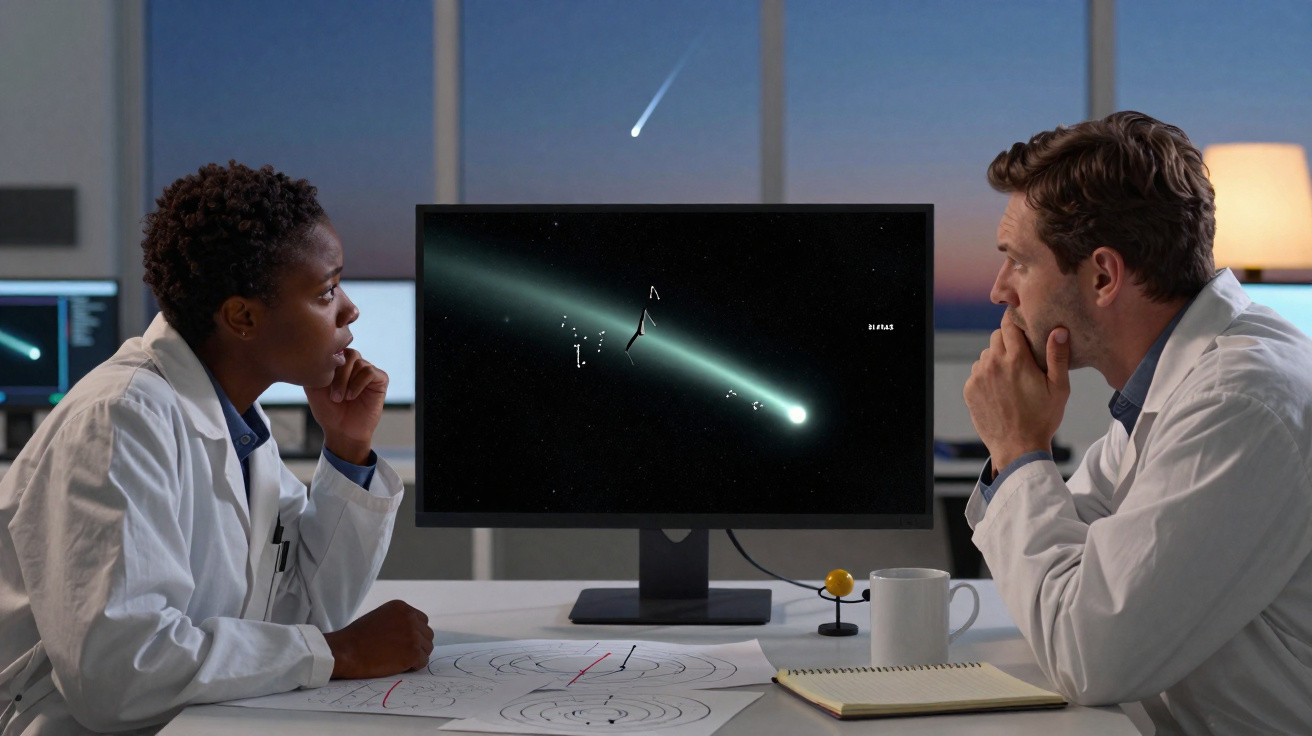 Dois cientistas observam e analisam imagem de um cometa numa tela de computador num laboratório.