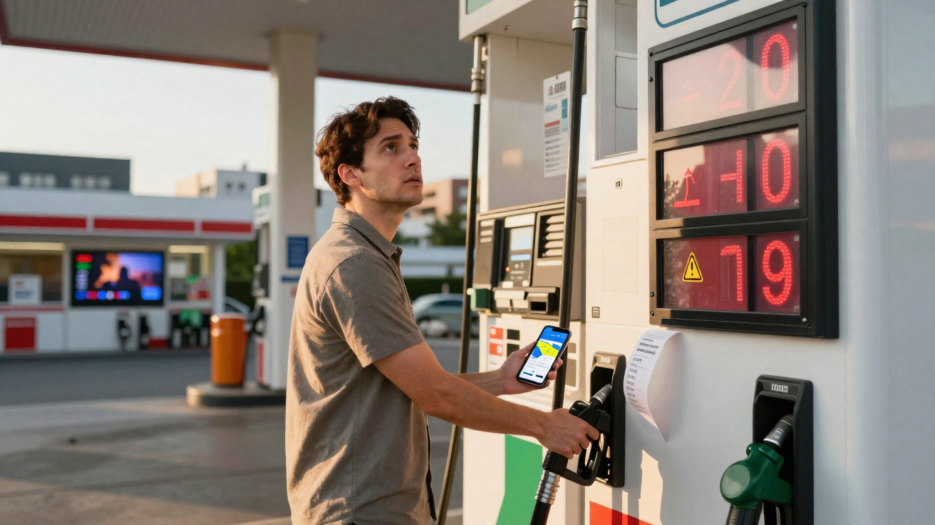 Homem numa bomba de gasolina a consultar preços no telemóvel enquanto segura a mangueira da gasolina.