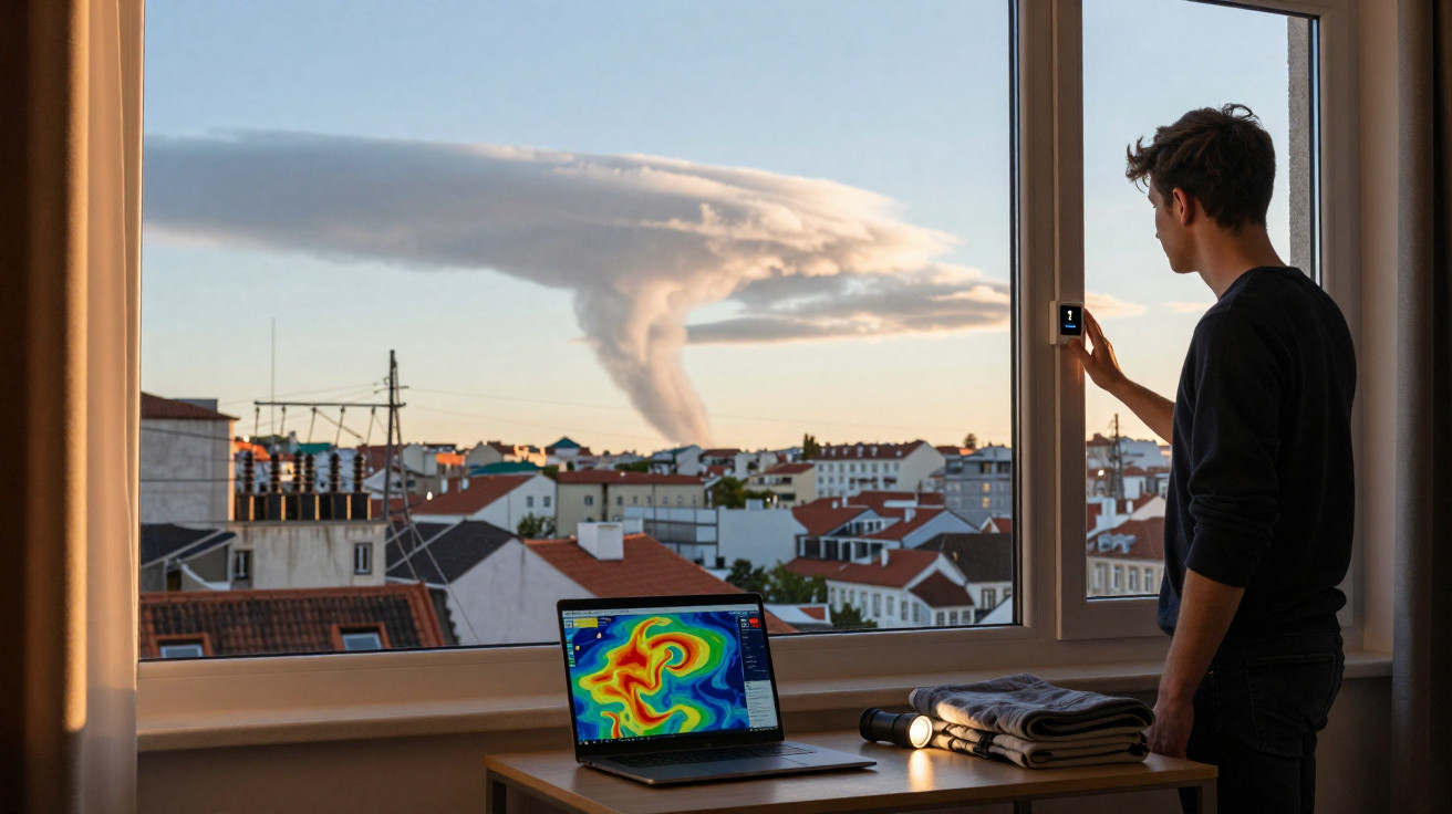 Homem observa pela janela um grande funil de nuvem sobre a cidade ao pôr-do-sol, com laptop e lanterna numa mesa.